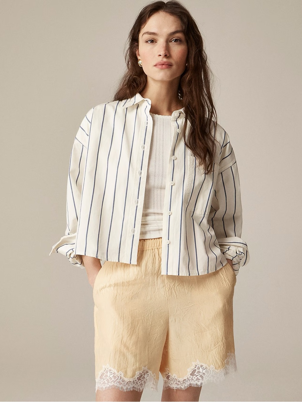 J. Crew Women's Etienne Cropped Button Up Shirt in Blue Stripe Size Large